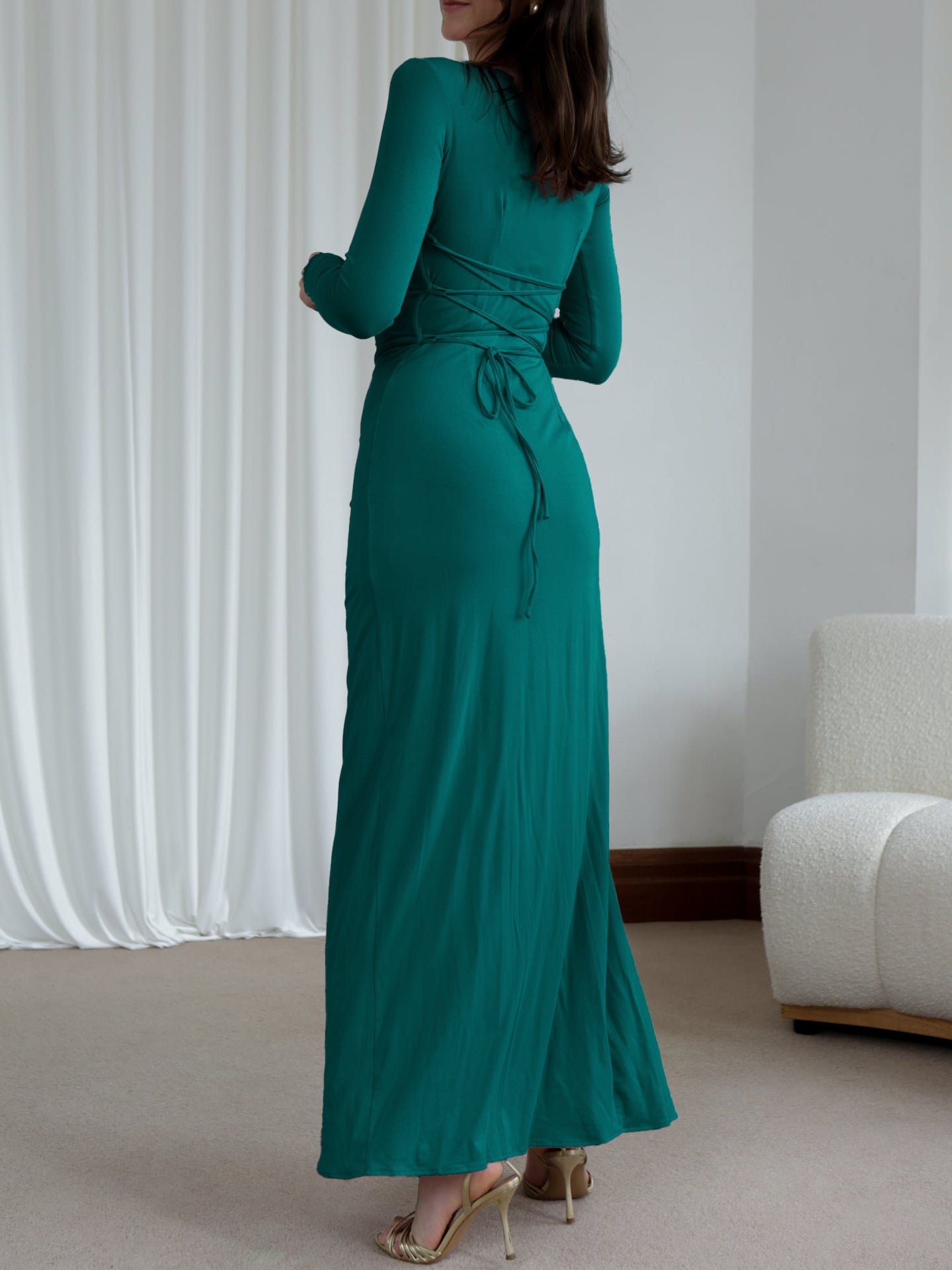 Trumpet/Mermaid Ink Blue Long Sleeves Wedding Guest Dress with Ruffle Side