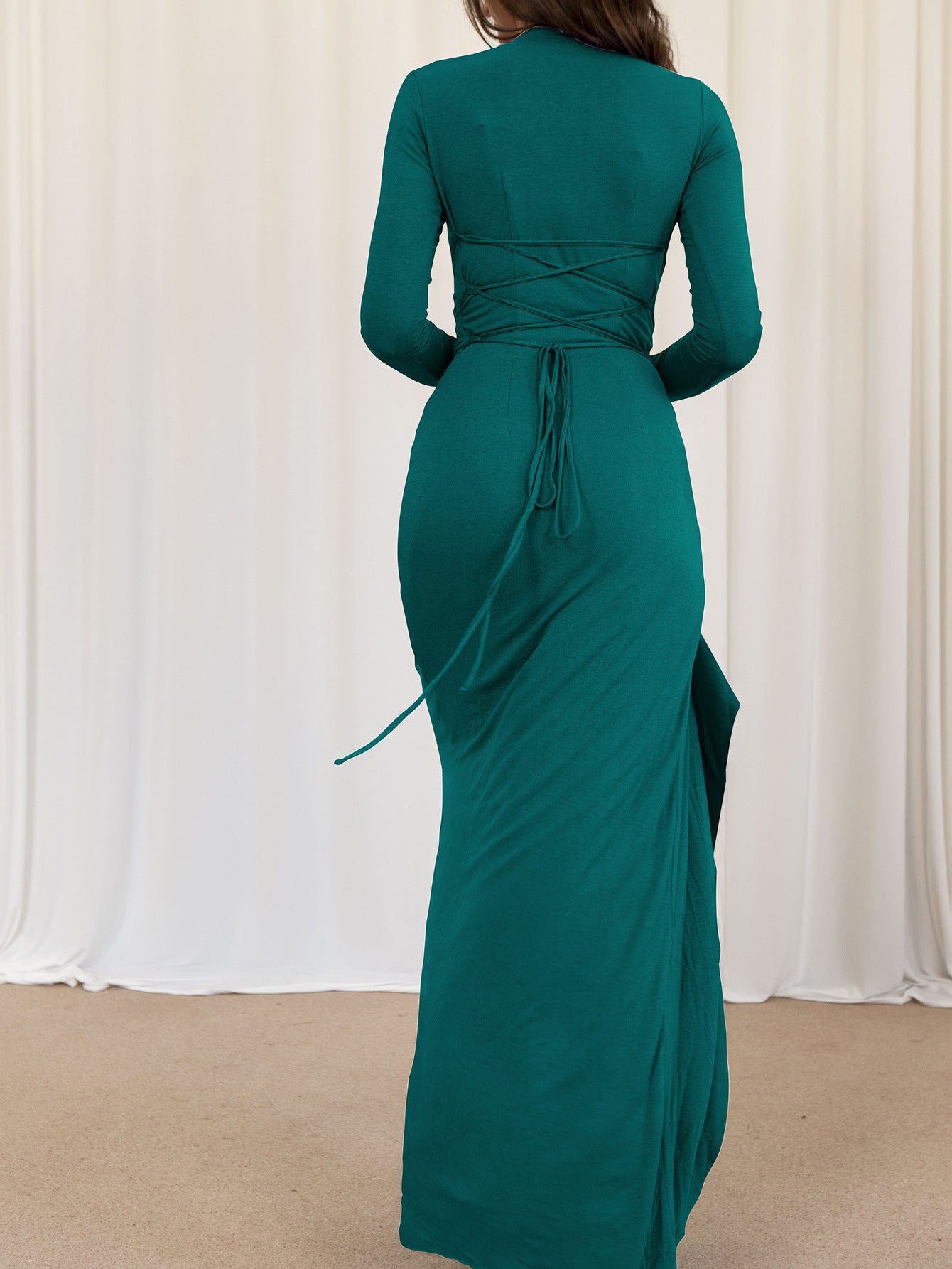 Trumpet/Mermaid Ink Blue Long Sleeves Wedding Guest Dress with Ruffle Side