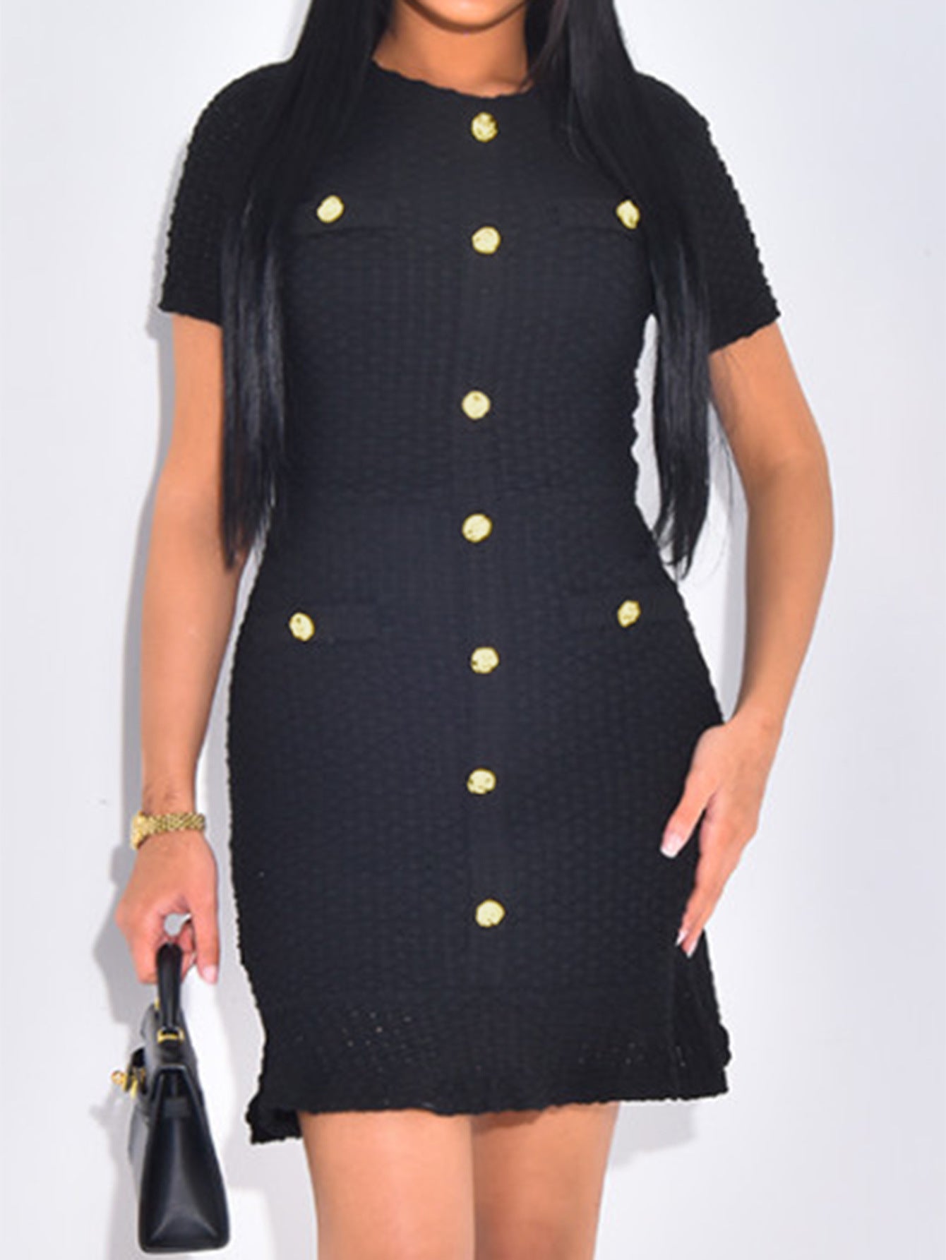 Sheath/Column Elegant Button Black Knitted Wedding Guest Dress