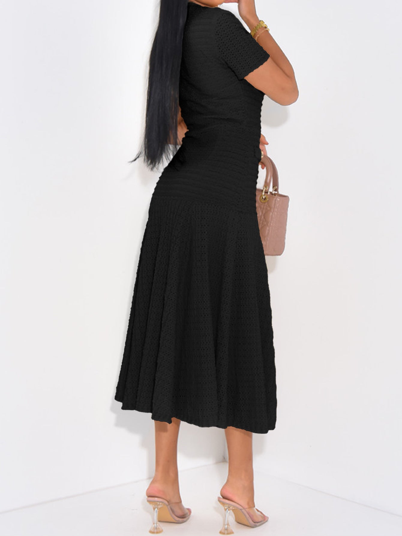 Elegant Black A-Line Knitted Button Wedding Guest Dress