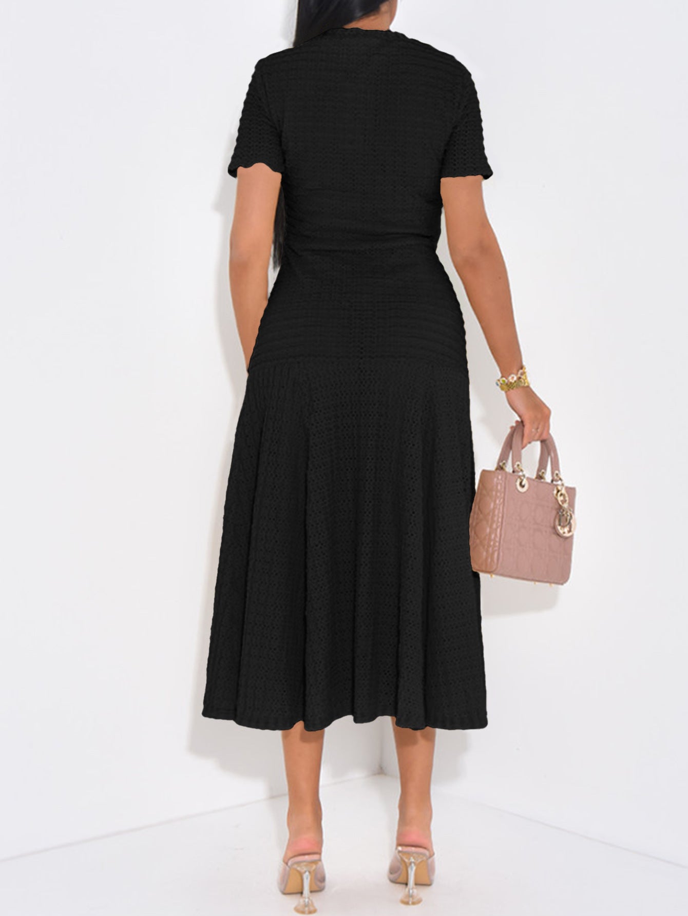 Elegant Black A-Line Knitted Button Wedding Guest Dress