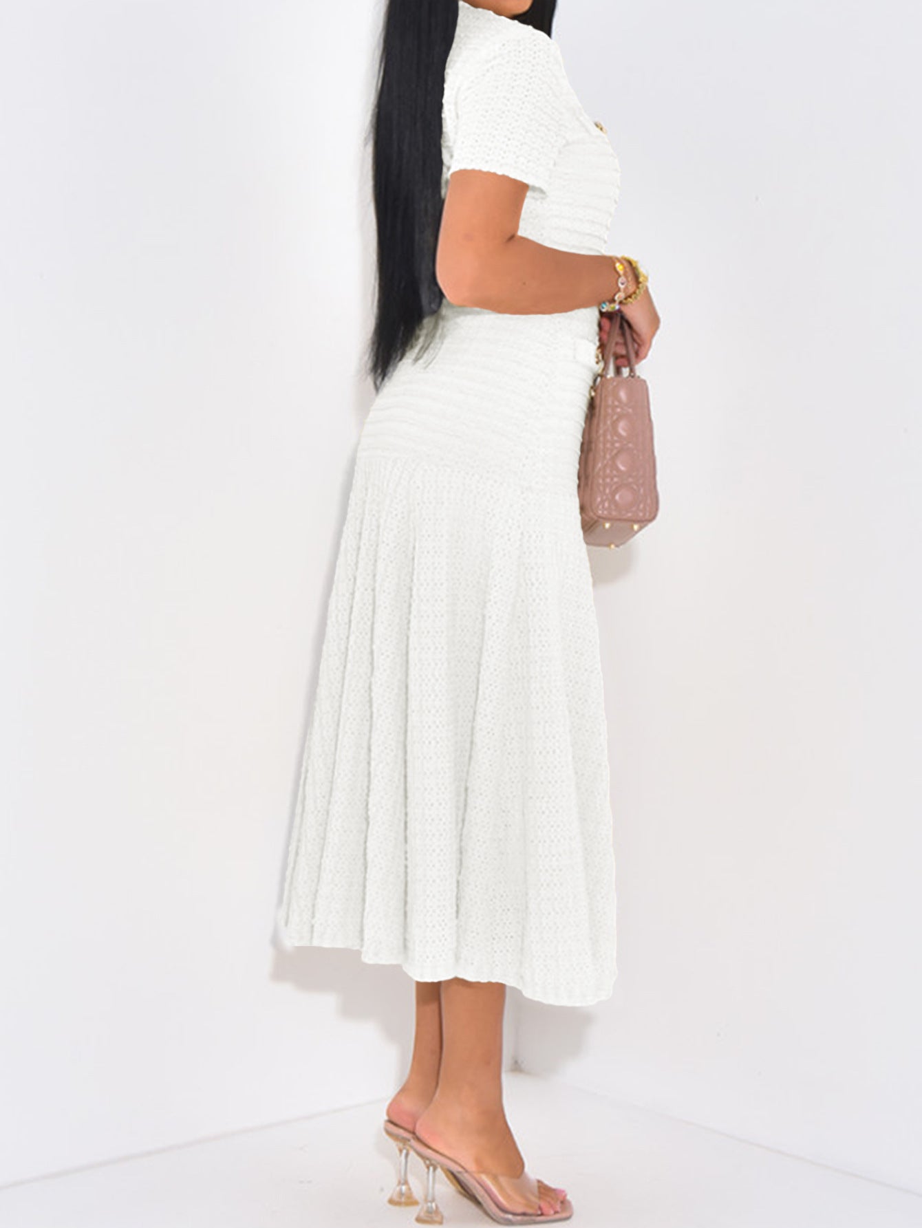 Elegant White A-Line Knitted Button Wedding Guest Dress