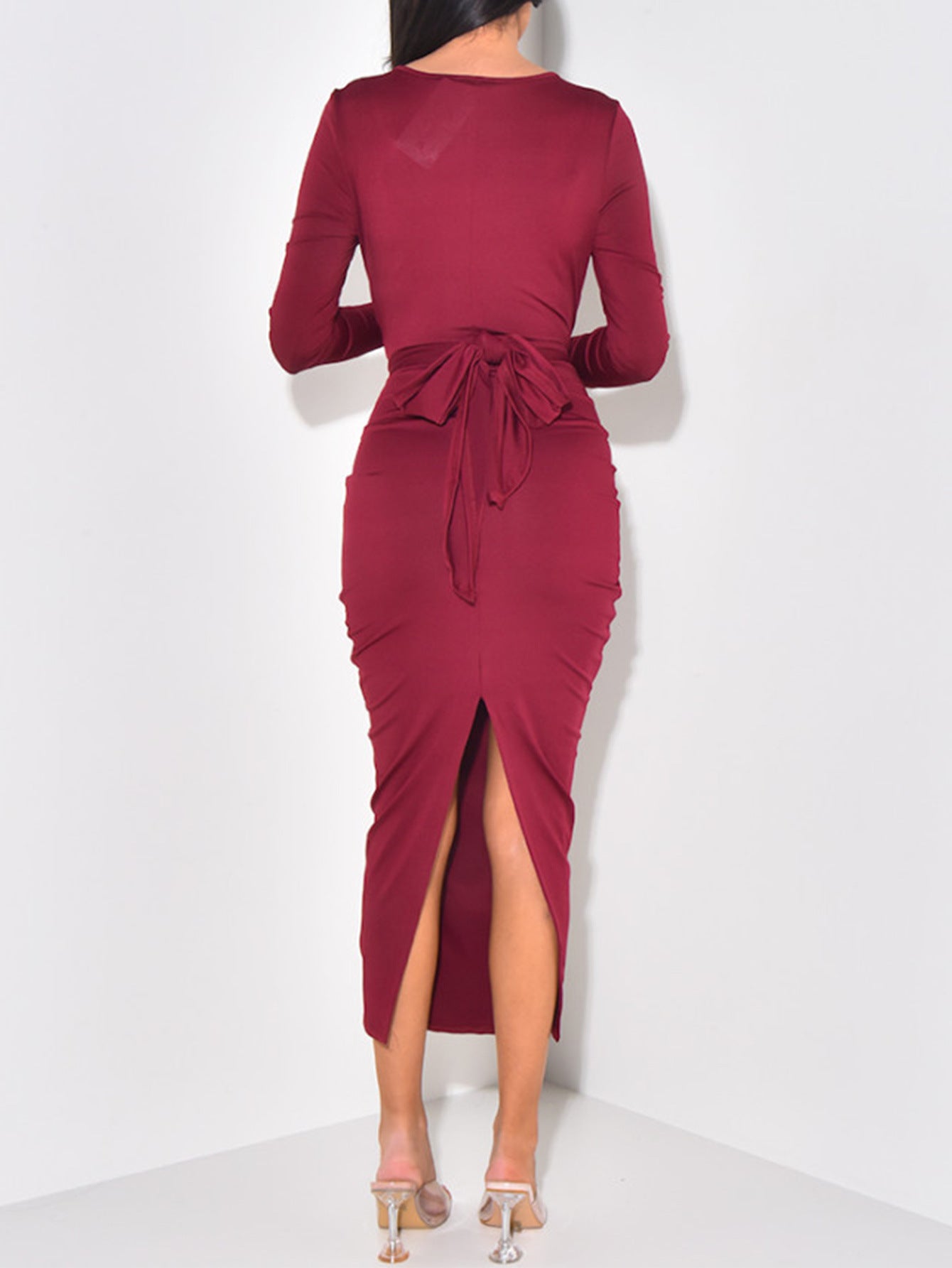 Burgundy Trumpet/Mermaid Long Sleeves Wedding Guest Dress with Belt