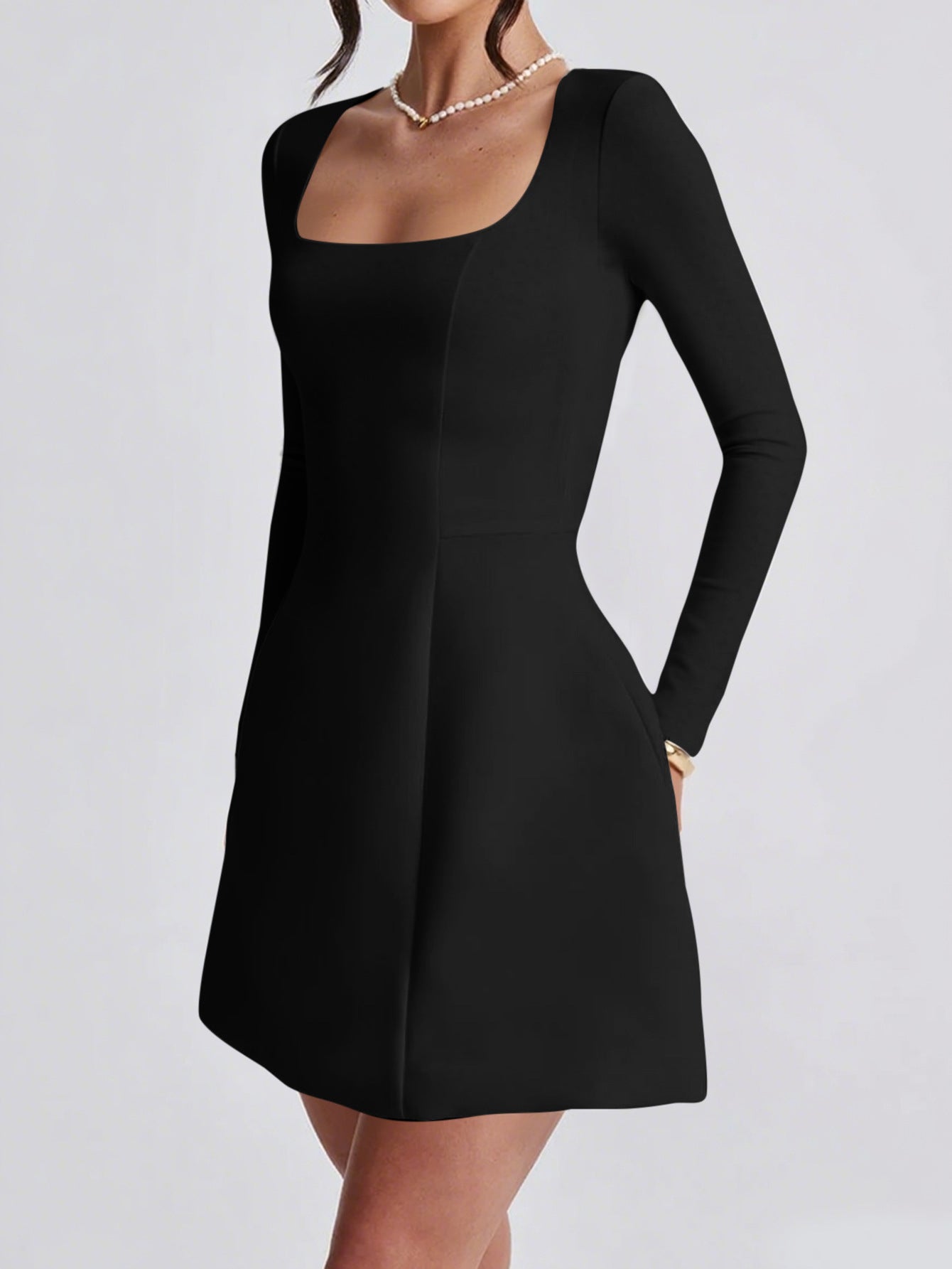 Elegant Evening Gown with Long Sleeves A-Line Black Wedding Guest Dress