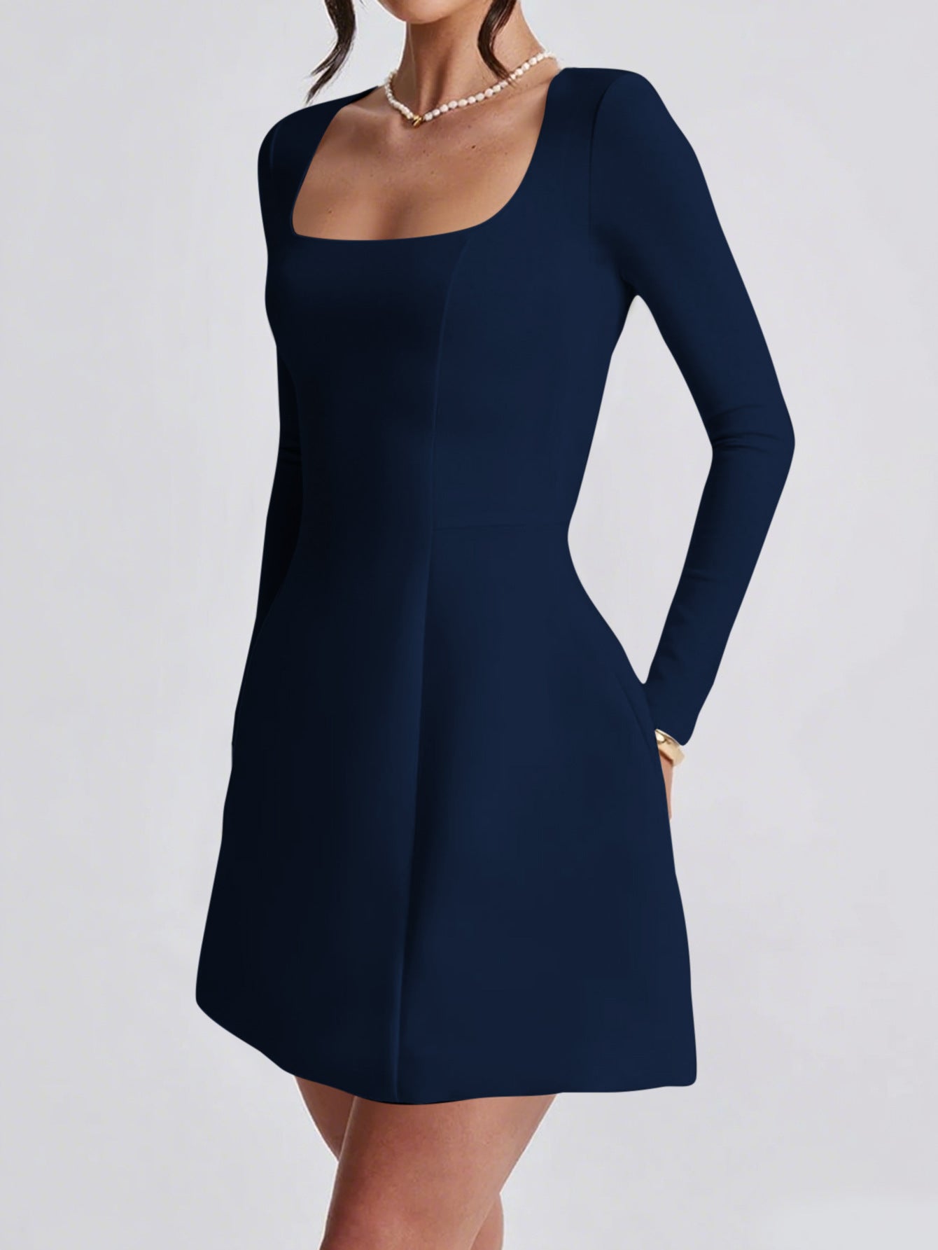 Elegant Evening Gown with Long Sleeves A-Line Dark Navy Wedding Guest Dress