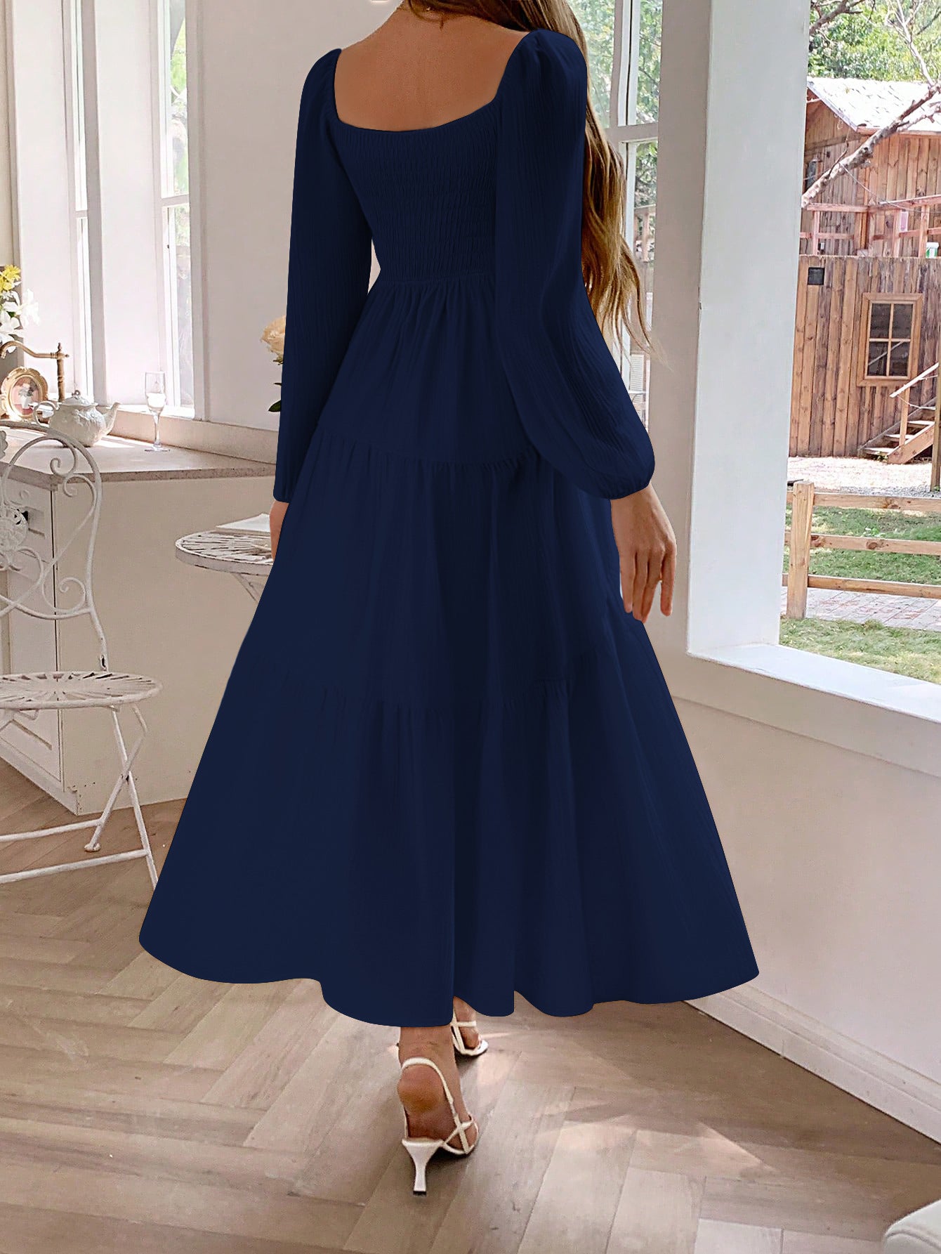 Square Neckline Long Sleeves Dark Navy A-Line Wedding Guest Dress