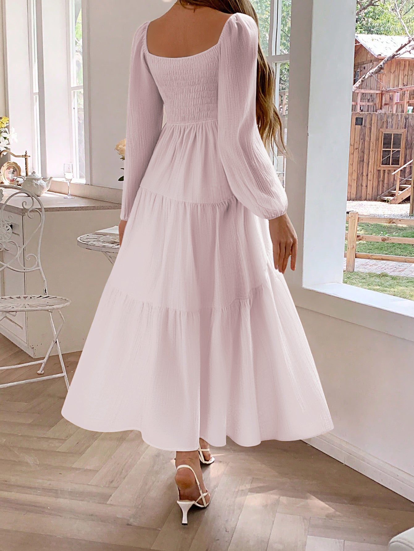 Square Neckline Long Sleeves Blushing Pink A-Line Wedding Guest Dress