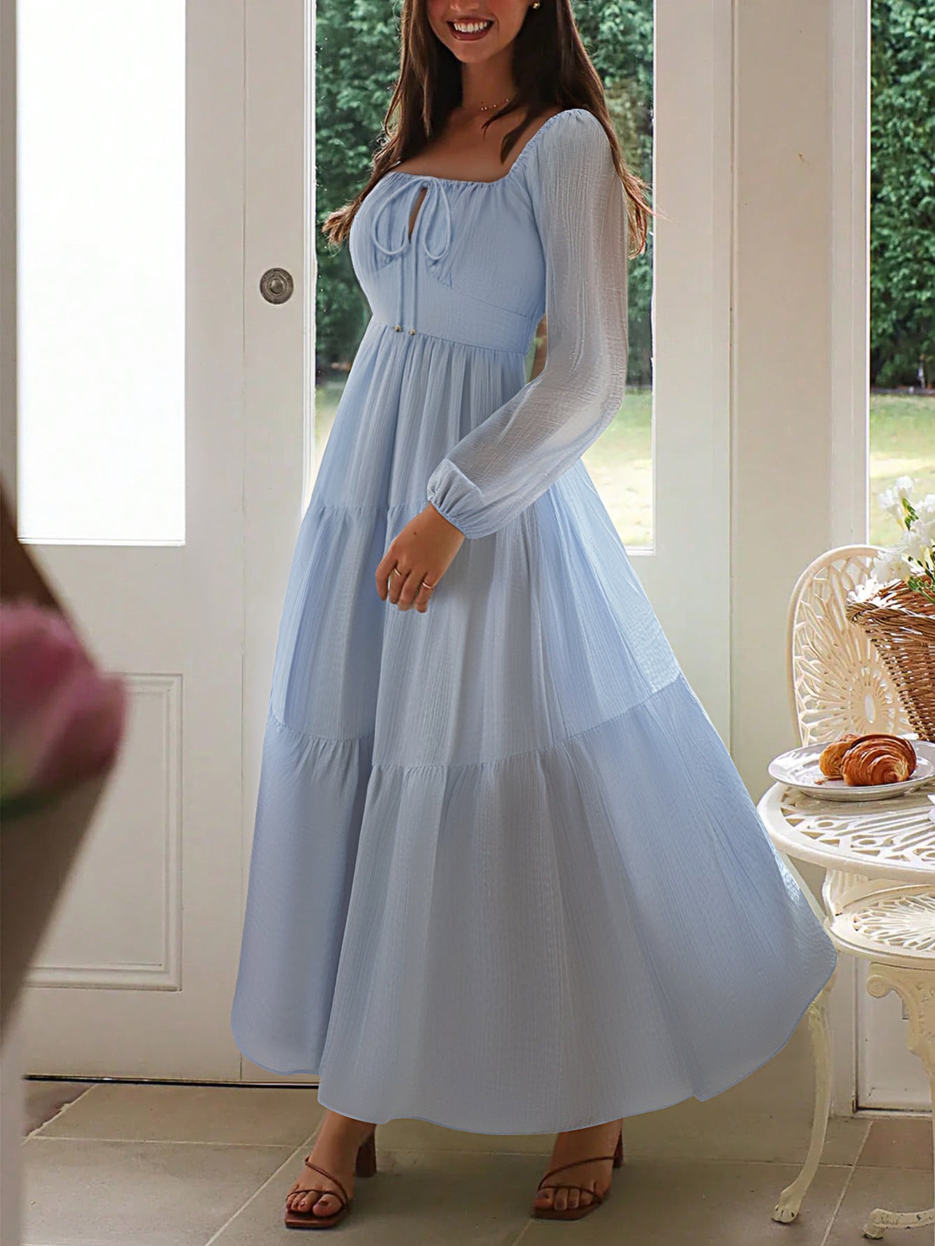 Square Neckline Long Sleeves Sky Blue A-Line Wedding Guest Dress