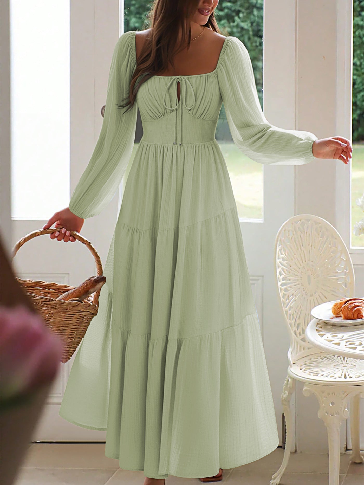 Square Neckline Long Sleeves Sage A-Line Wedding Guest Dress