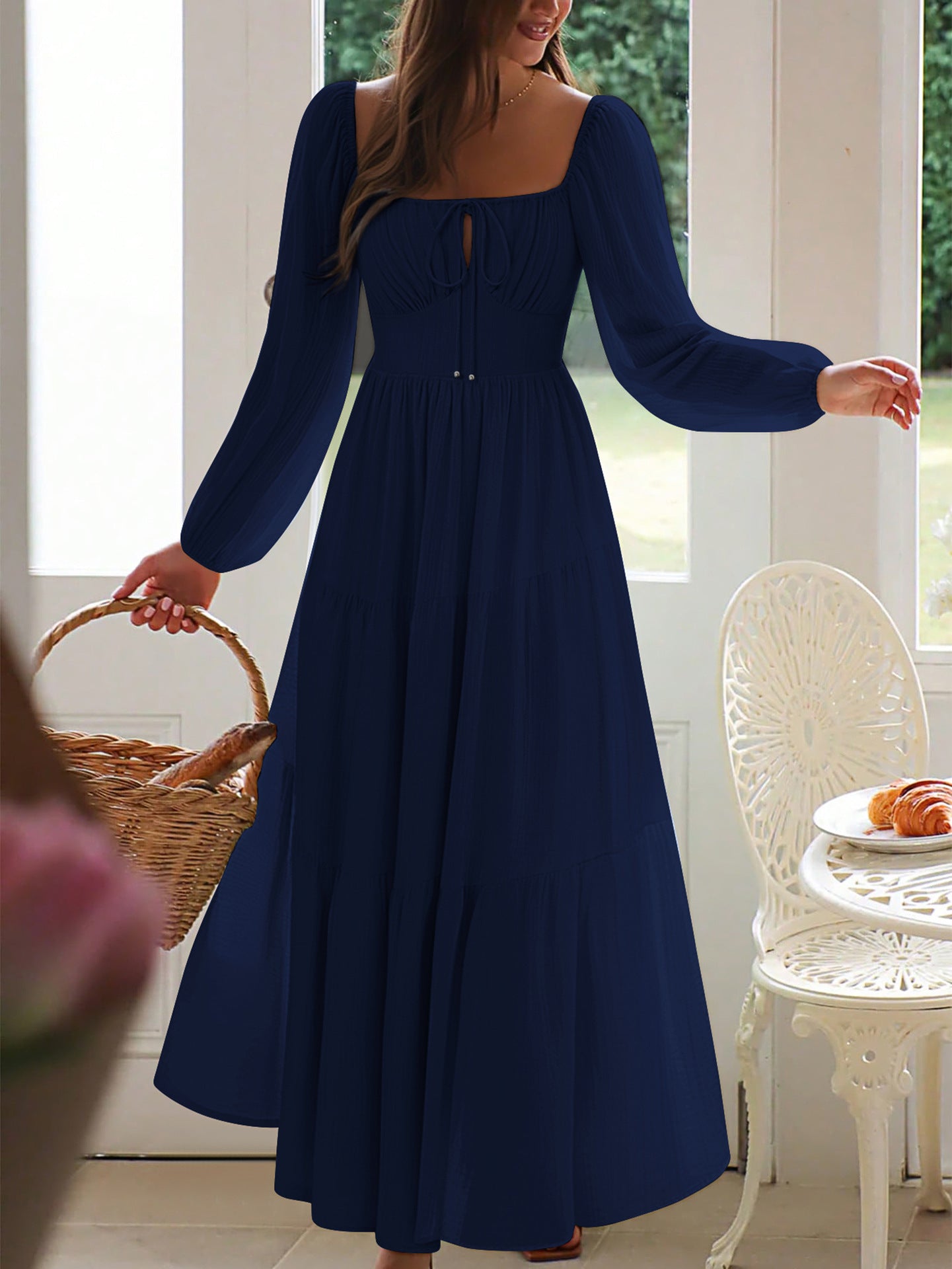 Square Neckline Long Sleeves Dark Navy A-Line Wedding Guest Dress