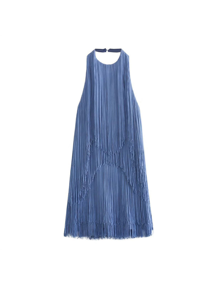Sheath Halter Tassels Blue Sleeveless Wedding Guest Dresses