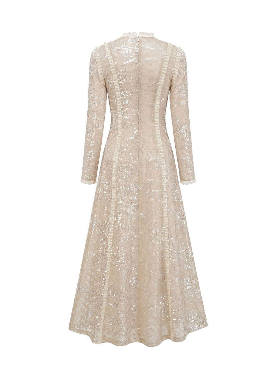 Formal  A line Glitter Champagne Prom Dresses With Long Sleeves