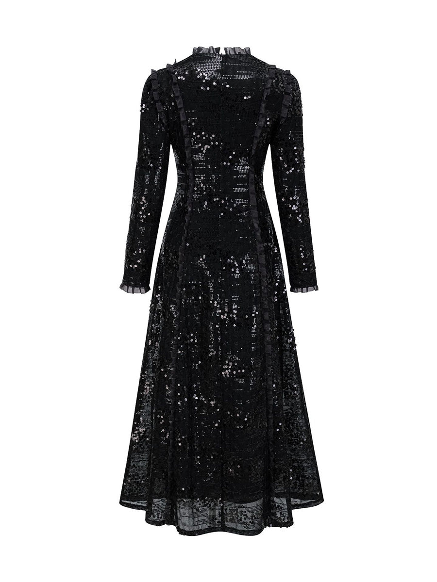 Elegant Long Sleeves Sequin Shine A line Black Prom Dresses