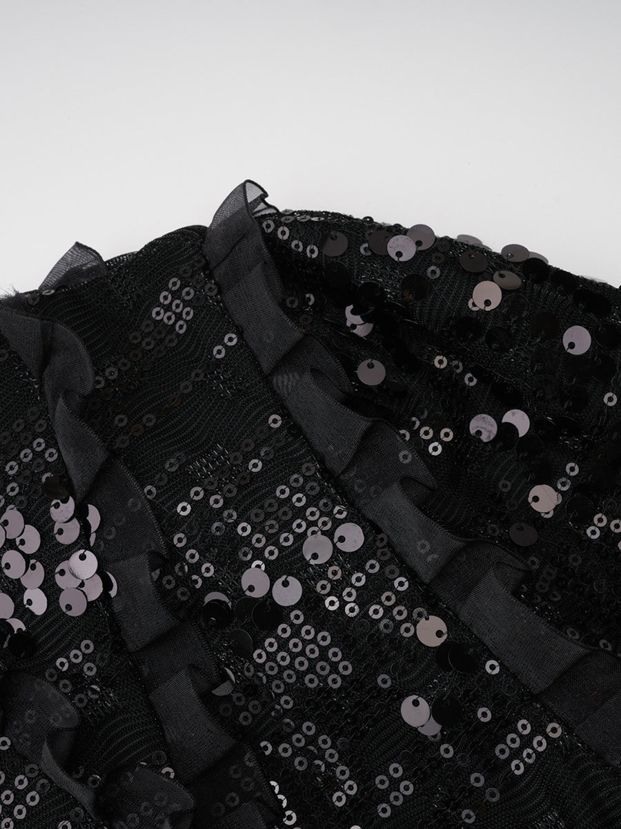 Elegant Long Sleeves Sequin Shine A line Black Prom Dresses