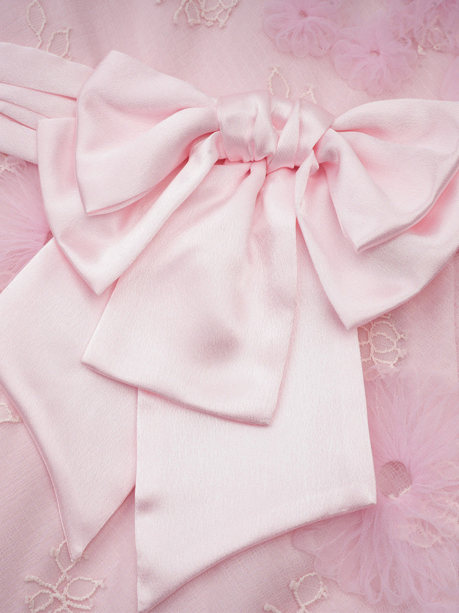 Cute Pink Flower Lace Princess Sleeves Prom Dresses With Bowknot