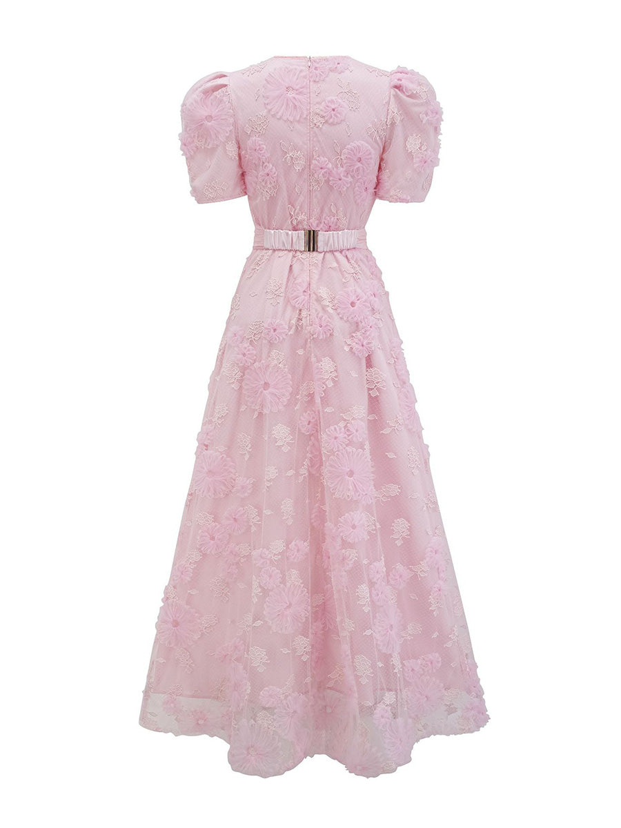 Cute Pink Flower Lace Princess Sleeves Prom Dresses With Bowknot