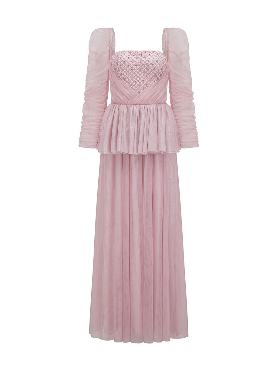 Charming Long Sleeves Pink Tulle Prom Dresses With Rhinestone