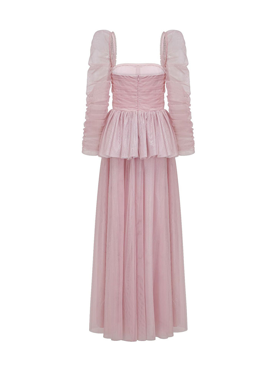 Charming Long Sleeves Pink Tulle Prom Dresses With Rhinestone