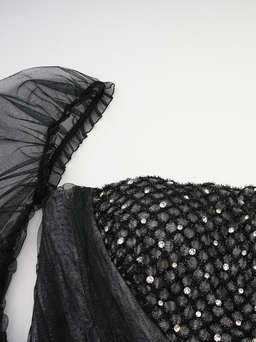Modest Black Long Rhinestone  Prom Dresses With Sleeves