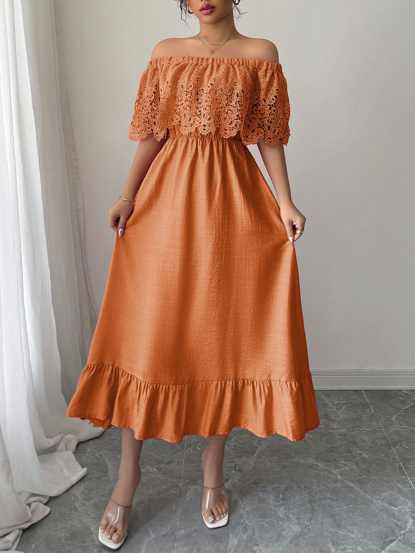 Burnt Orange Off the Shoulder A-Line Appliques Wedding Guest Dress