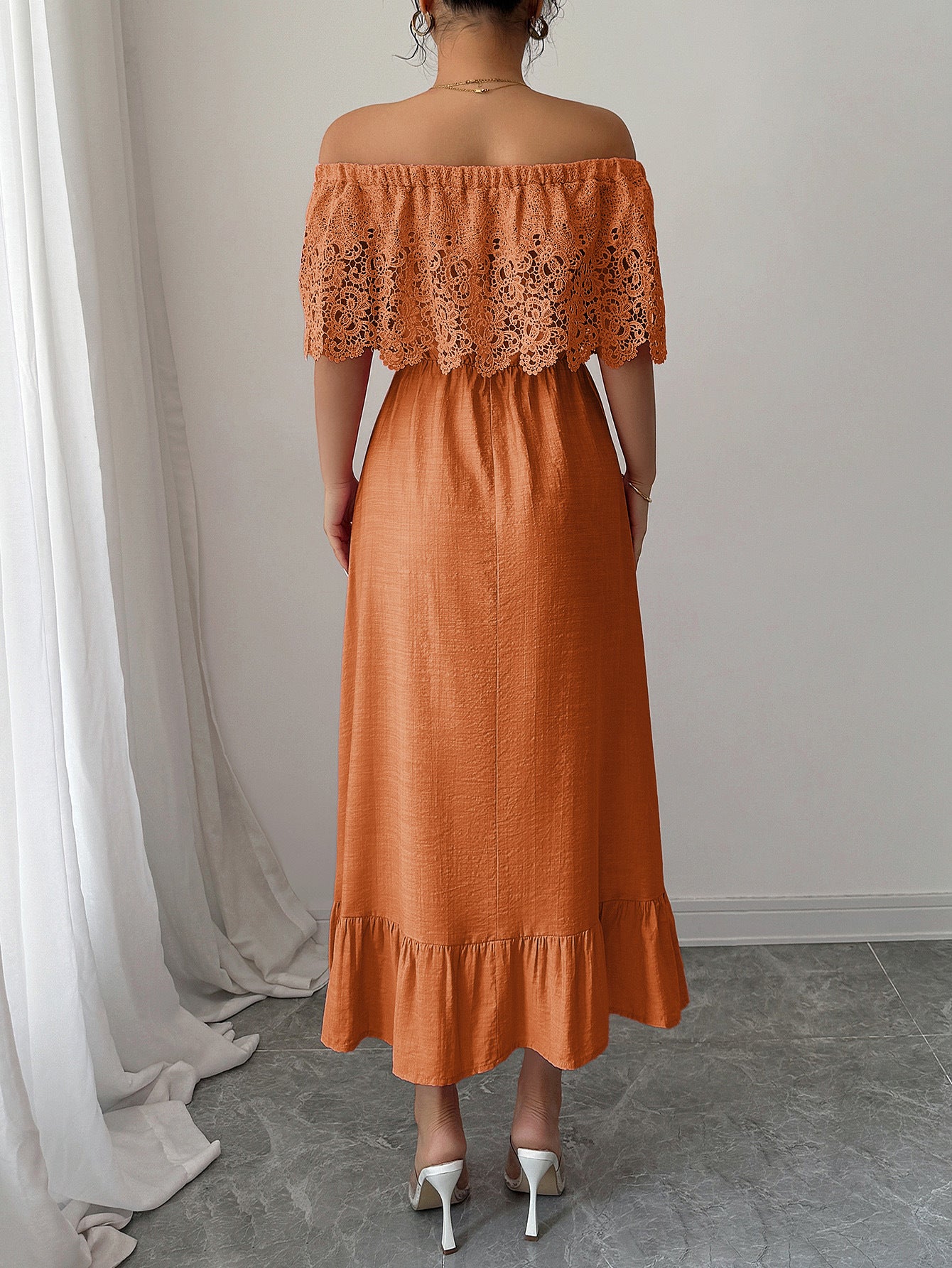 Burnt Orange Off the Shoulder A-Line Appliques Wedding Guest Dress