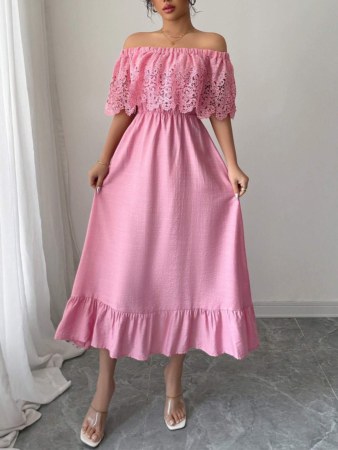 Pink Off the Shoulder A-Line Appliques Wedding Guest Dress