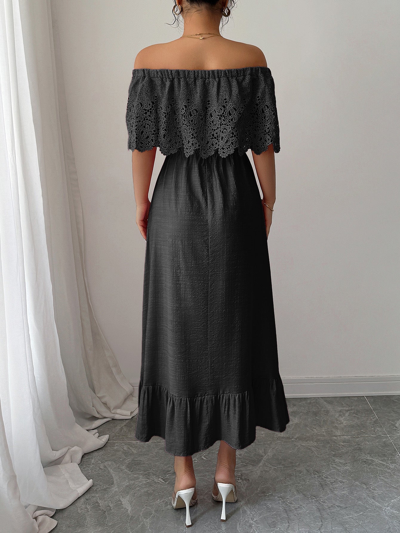 Black Off the Shoulder A-Line Appliques Wedding Guest Dress