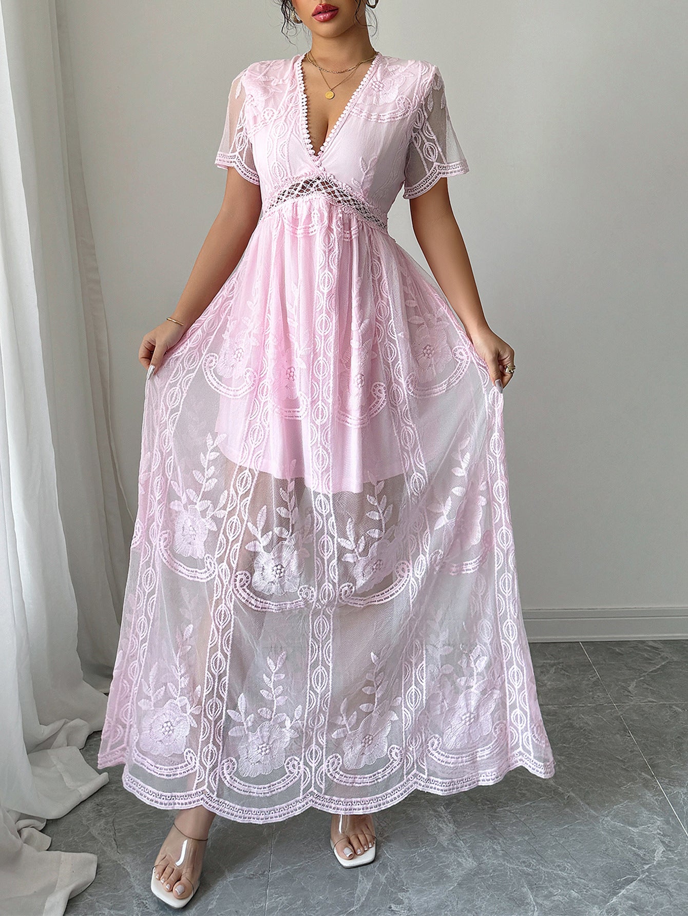 Appliques A-Line Candy Pink V-Neck Sleeves Wedding Guest Dress
