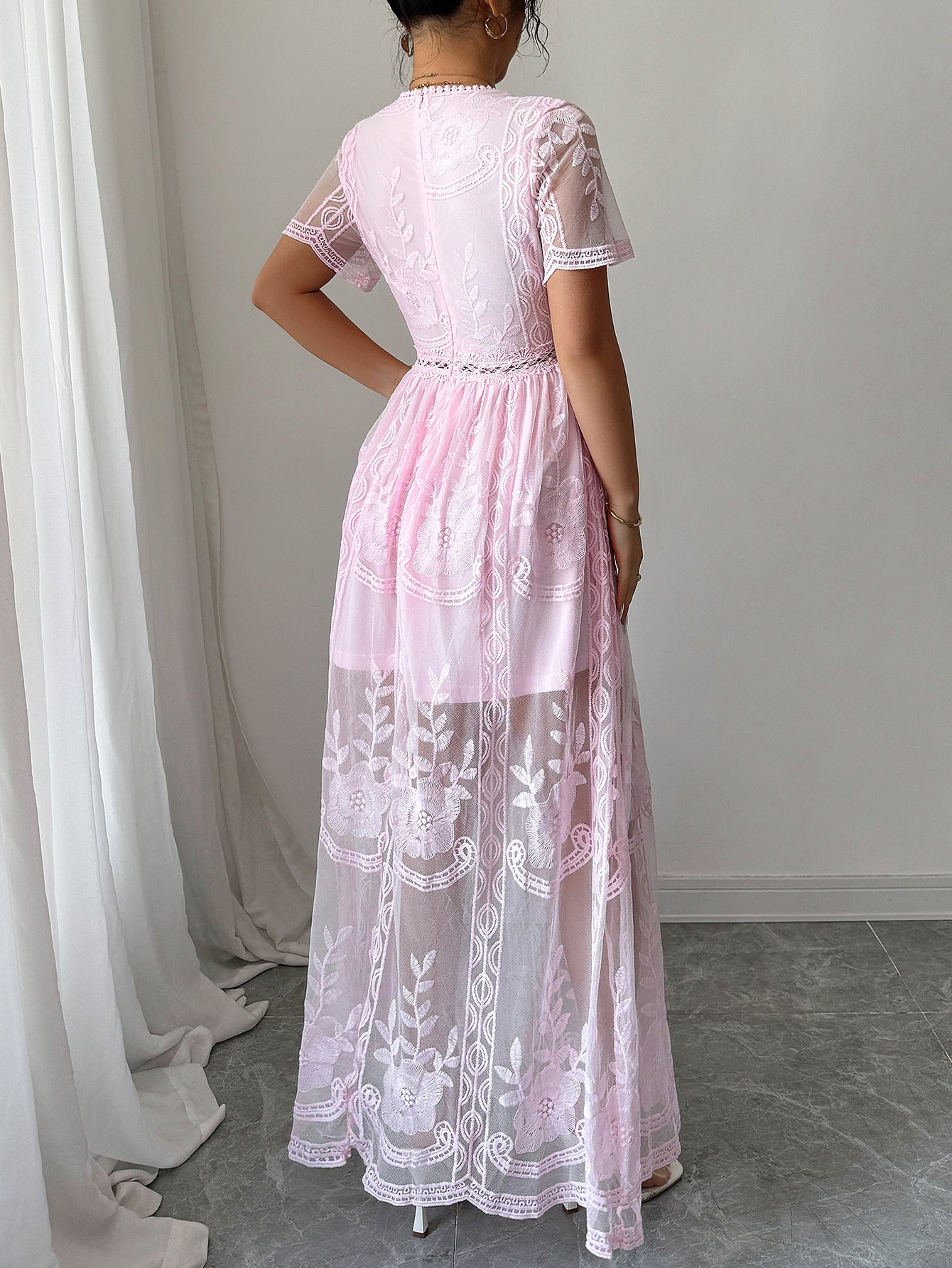 Appliques A-Line Candy Pink V-Neck Sleeves Wedding Guest Dress