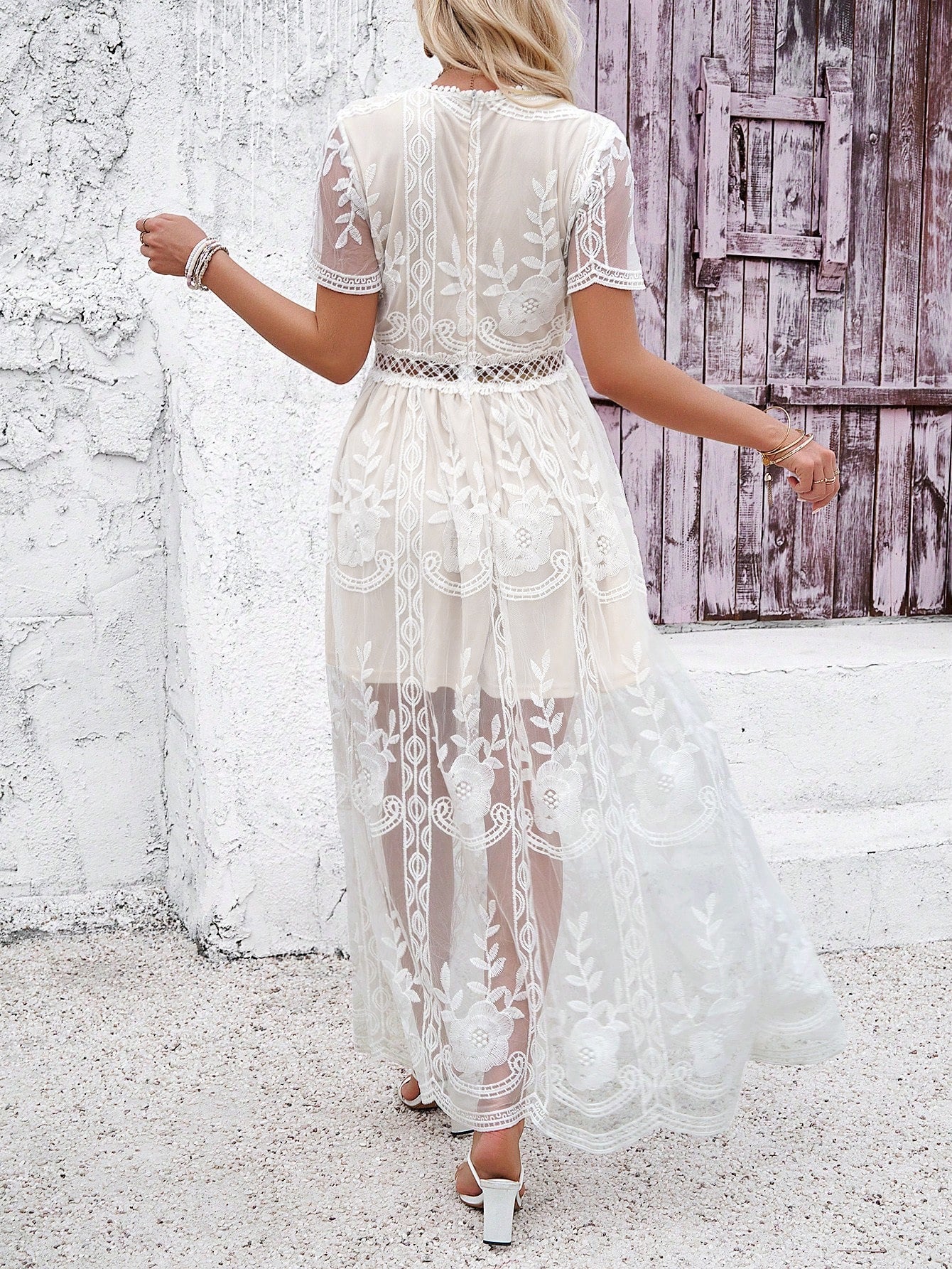 Appliques A-Line Ivory V-Neck Sleeves Wedding Guest Dress