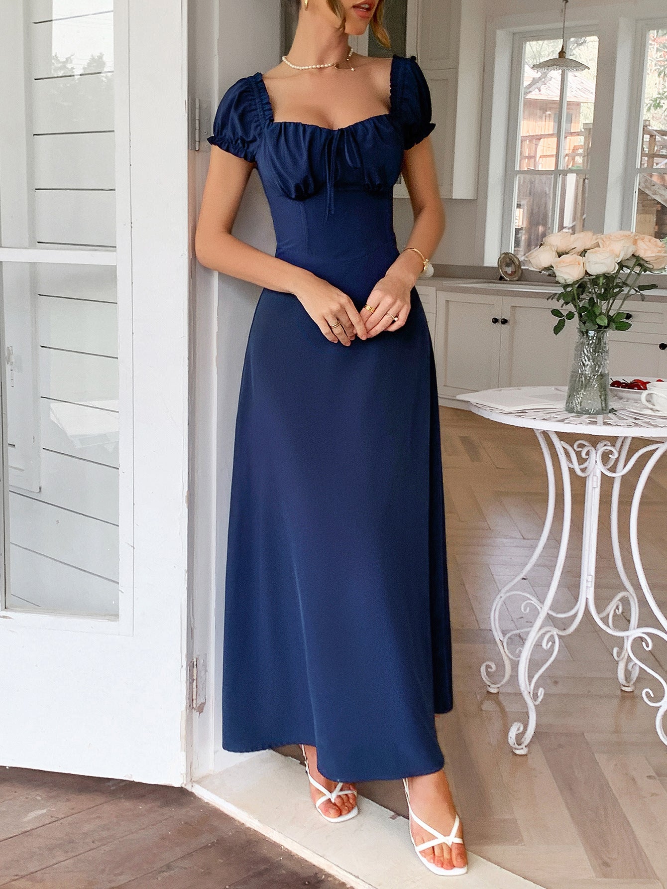 A-Line Off The Shoulder Navy Blue Empire Waist  Wedding Guest Dress