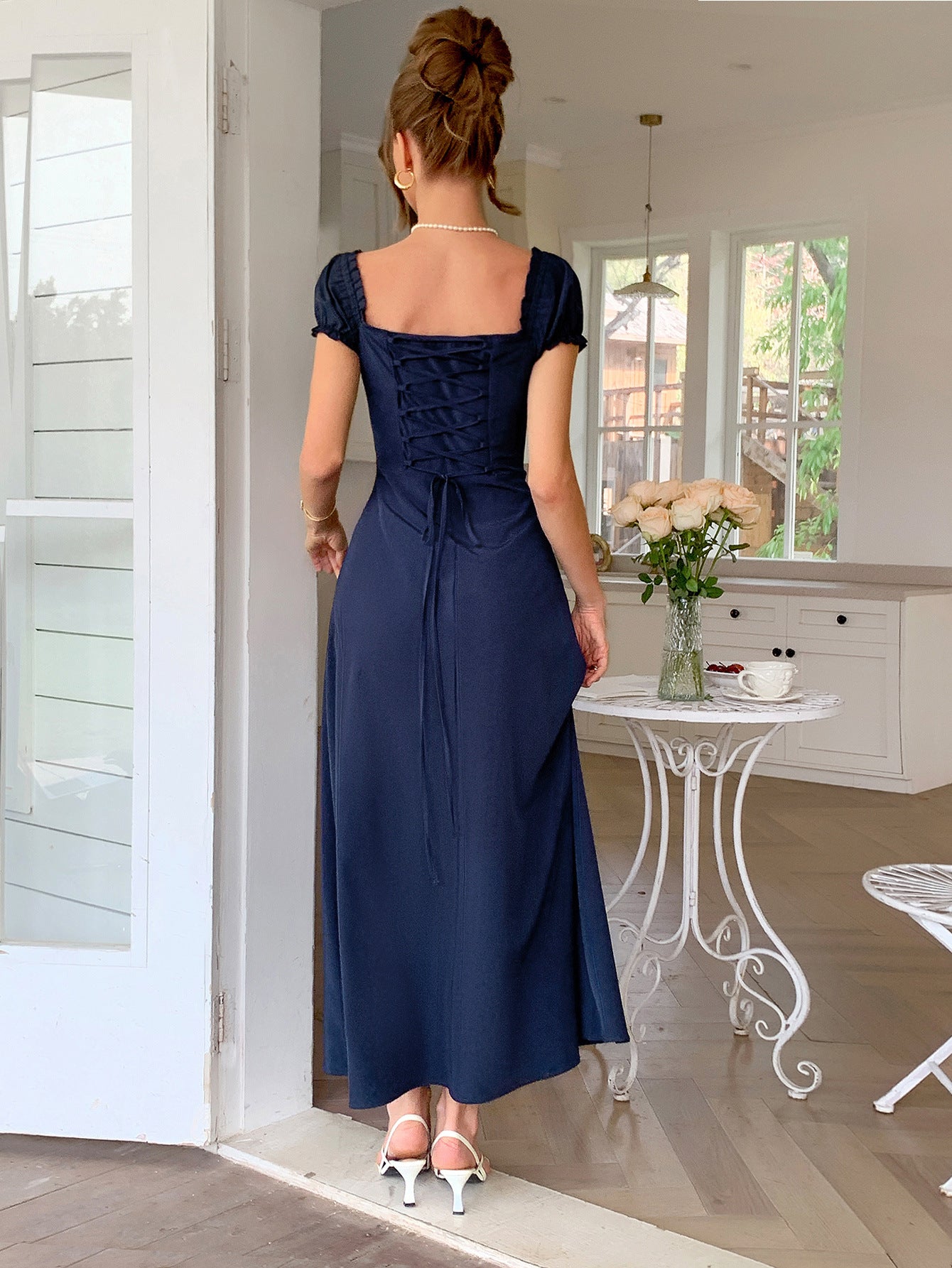 A-Line Off The Shoulder Navy Blue Empire Waist  Wedding Guest Dress