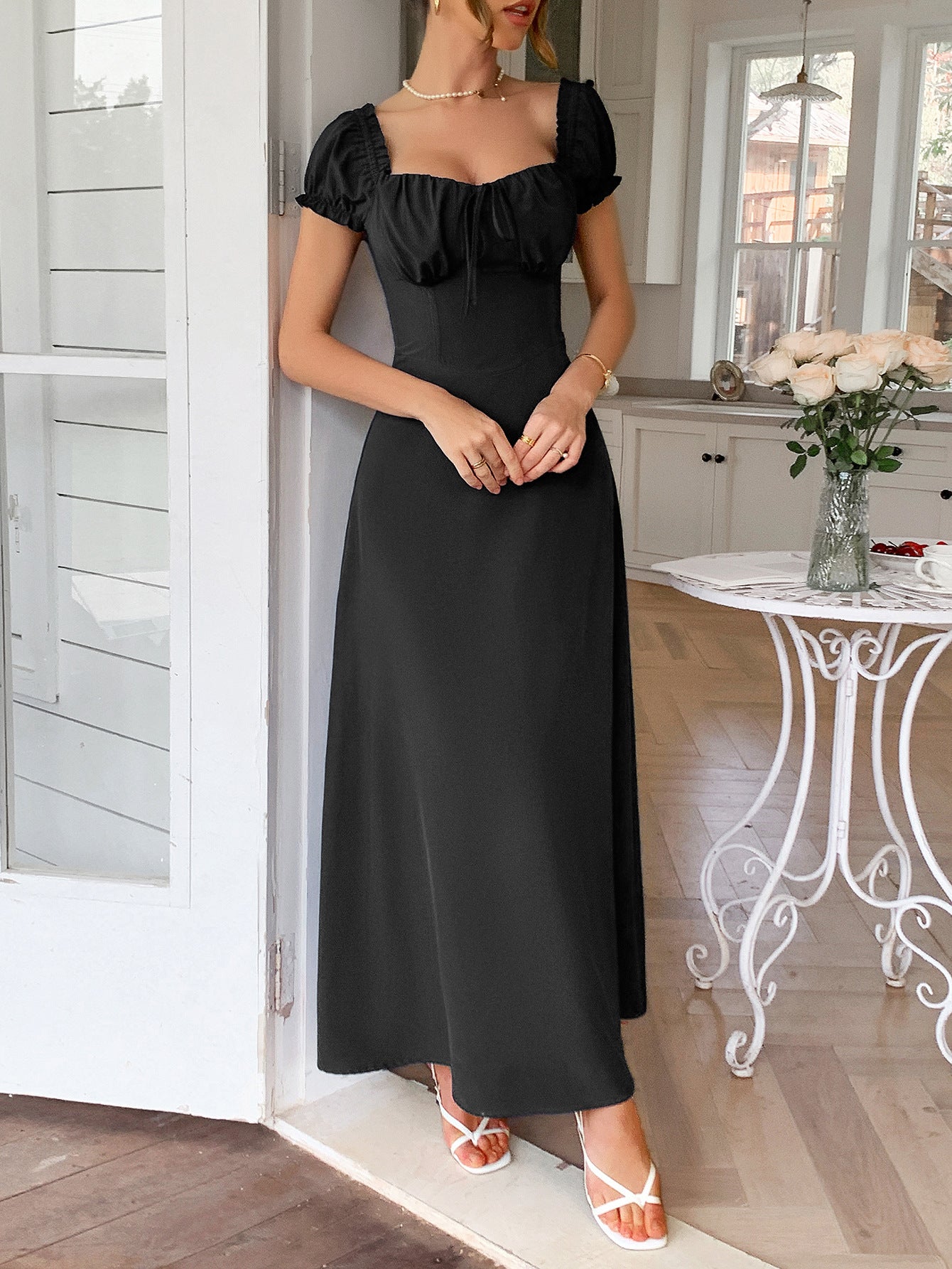 A-Line Off The Shoulder Black Empire Waist Wedding Guest Dress