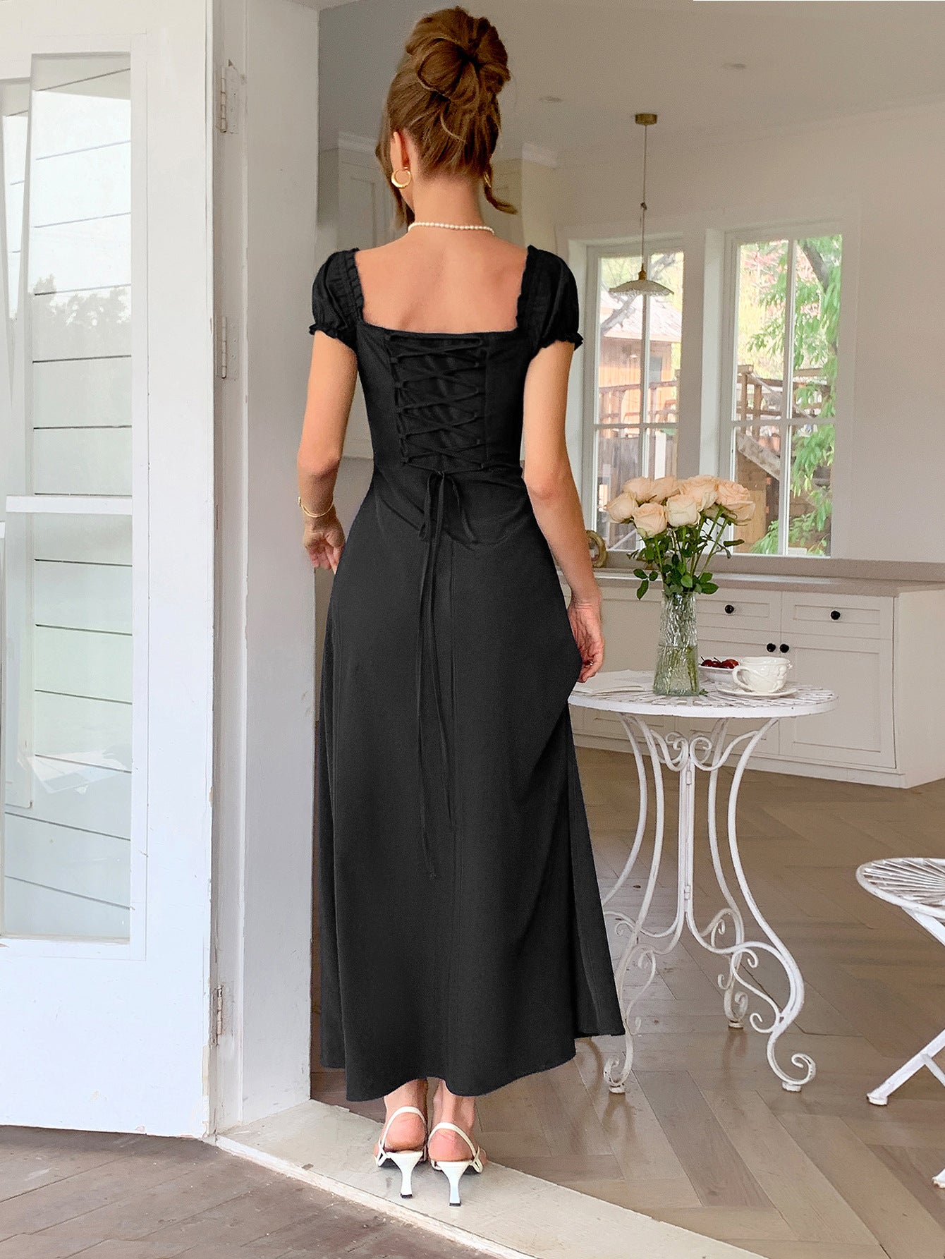 A-Line Off The Shoulder Black Empire Waist Wedding Guest Dress