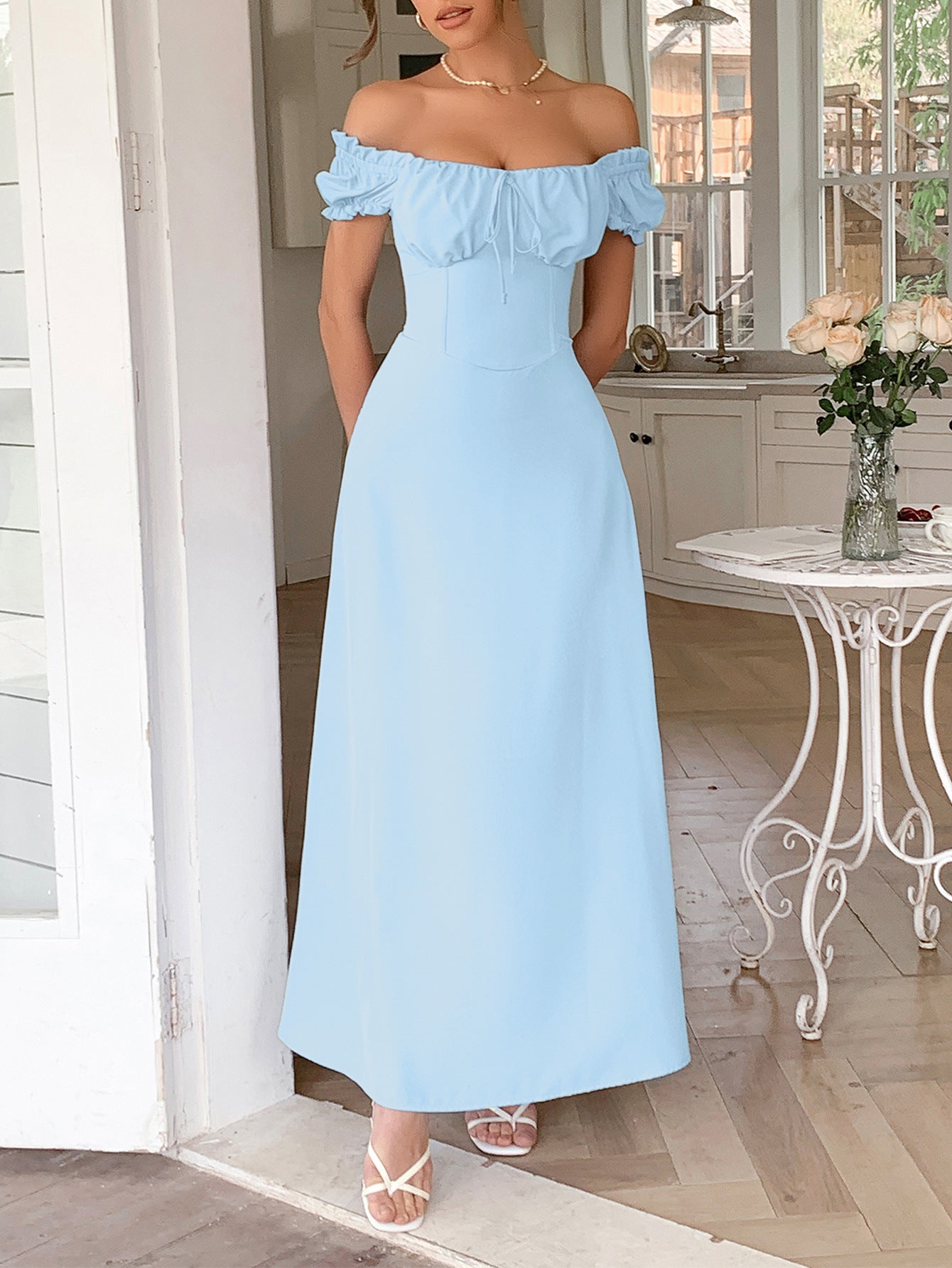 A-Line Off The Shoulder Sky Blue Empire Waist  Wedding Guest Dress