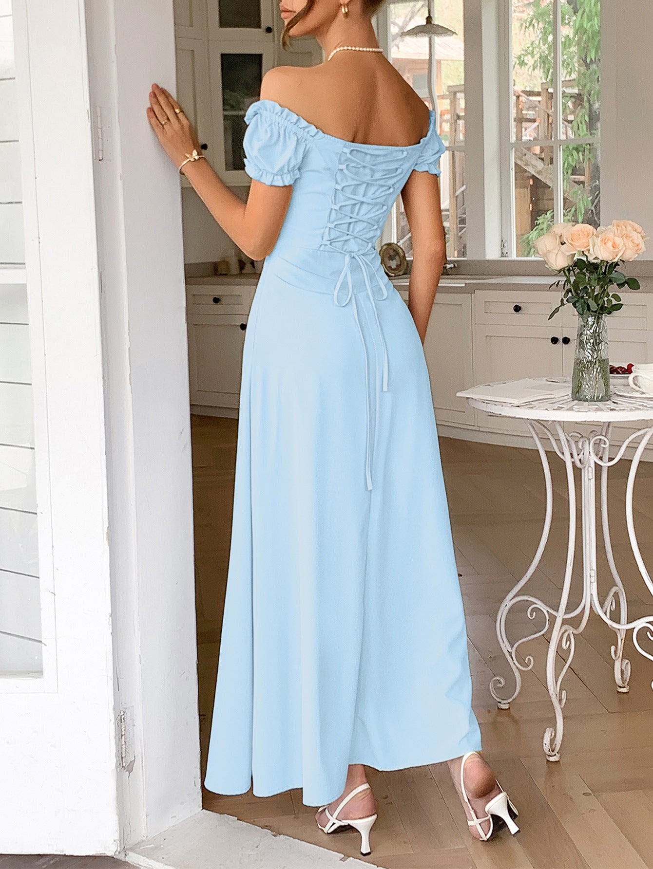 A-Line Off The Shoulder Sky Blue Empire Waist  Wedding Guest Dress