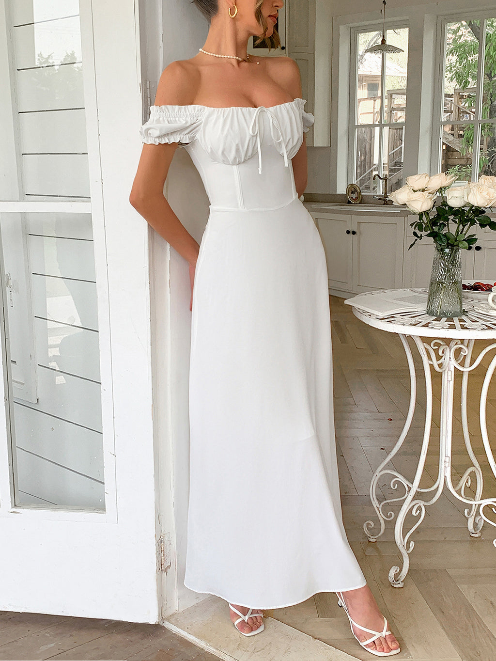 A-Line Off The Shoulder White Empire Waist Wedding Guest Dress, White / M