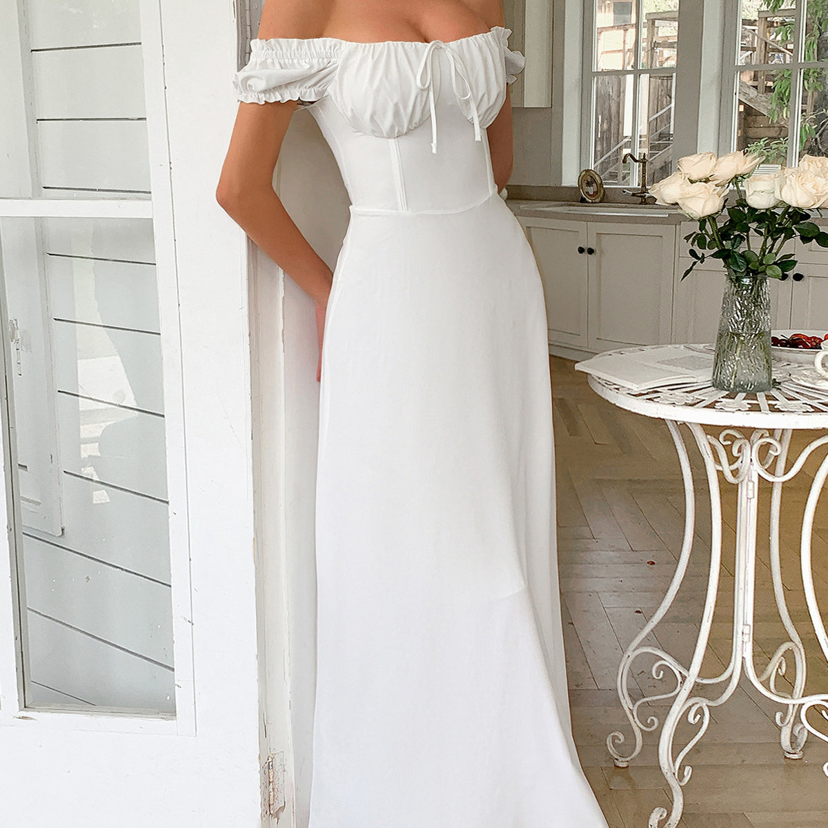 white off the shoulder formal dress A-Line Off The Shoulder White Empire Waist Wedding Guest Dress