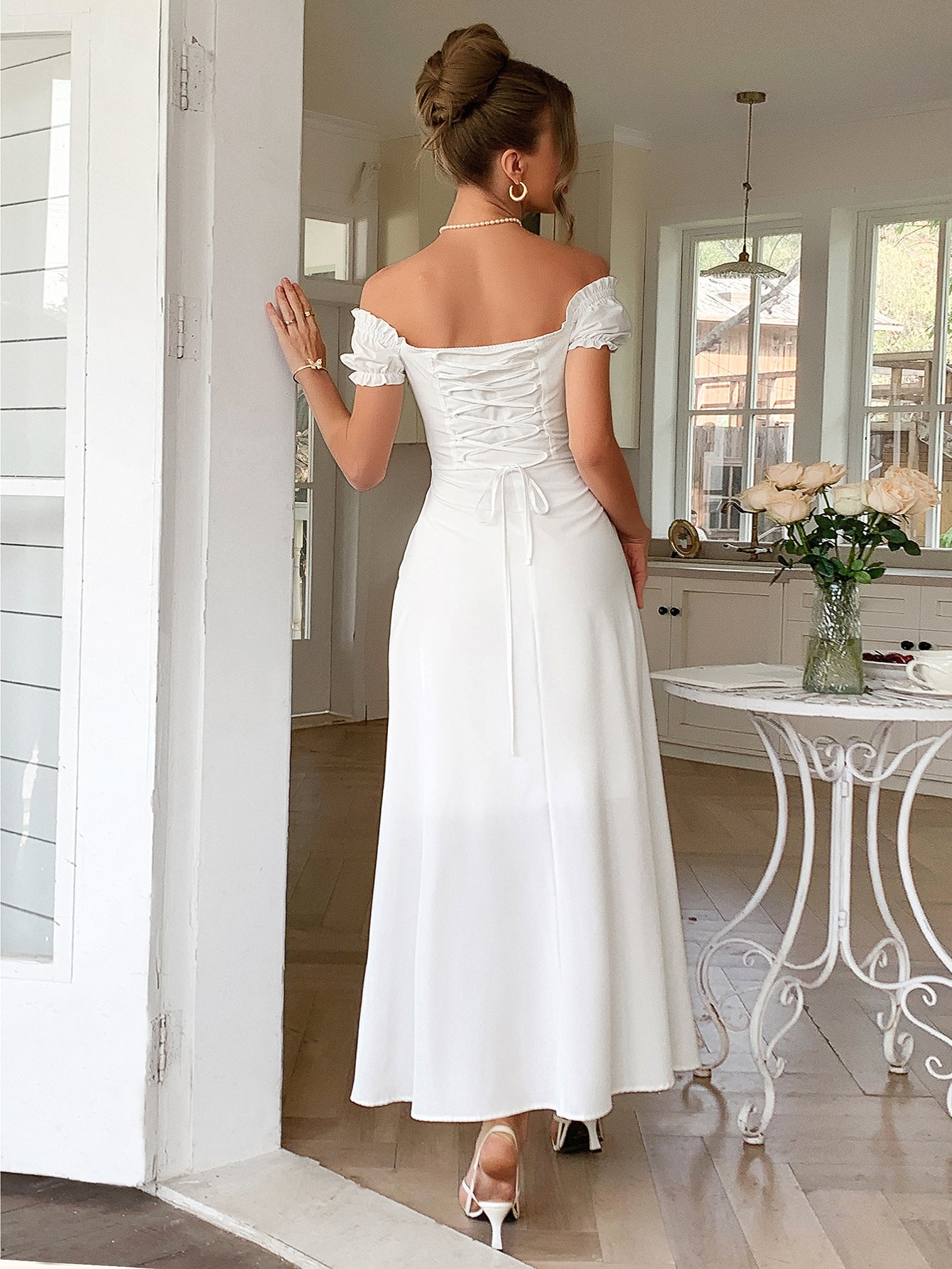 A-Line Off The Shoulder White Empire Waist  Wedding Guest Dress