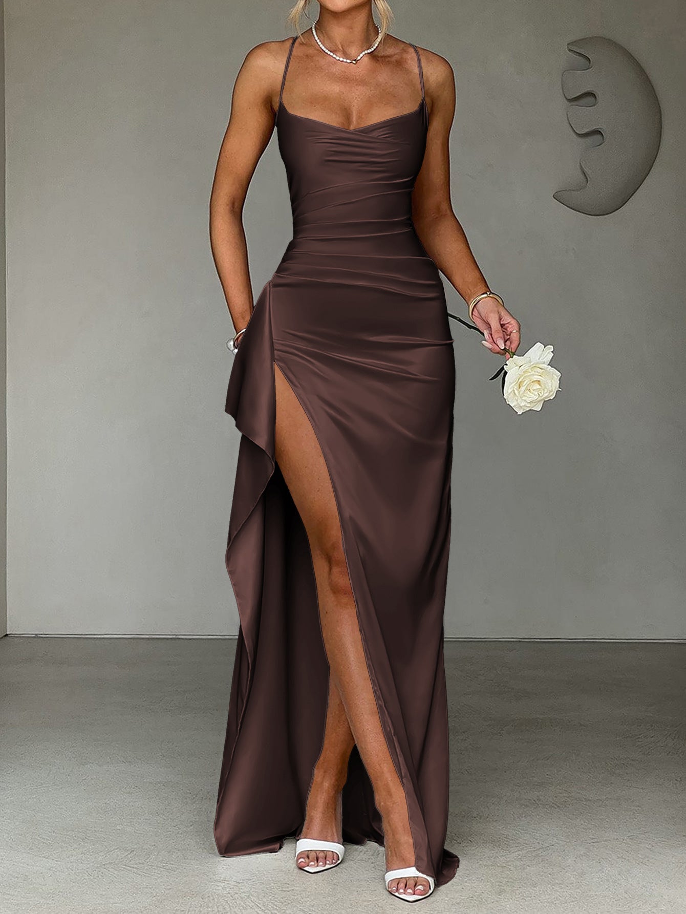 Spaghetti Straps Sheath/Column Brown Sleeveless Wedding Guest Dress with Split
