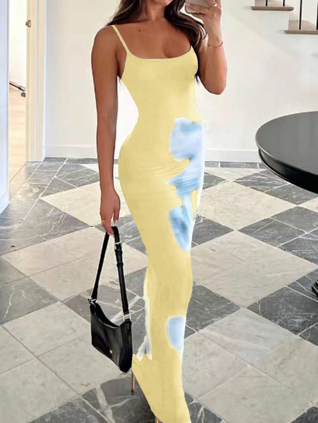 Elegant Spaghetti Straps Printed Maxi Dress Yellow Wedding Guest Dress