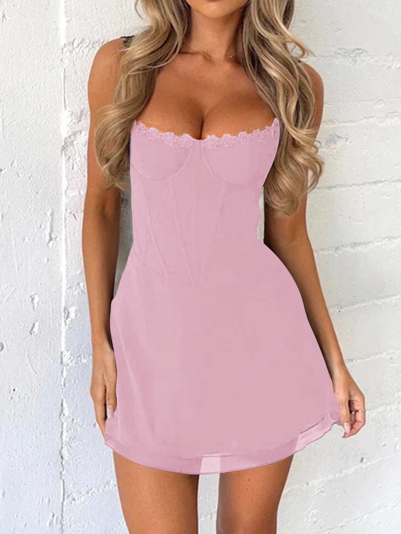 Lace Spaghetti Straps Candy Pink Sheath Wedding Guest Dress