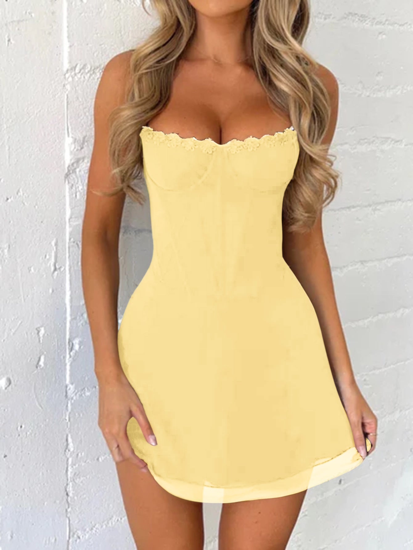 Lace Spaghetti Straps Yellow Sheath Wedding Guest Dress