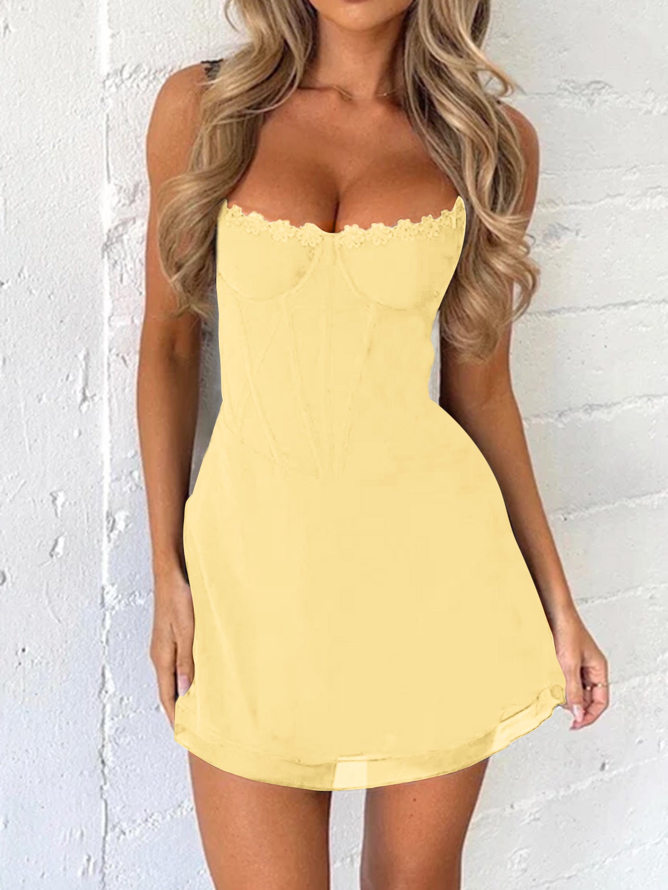 Lace Spaghetti Straps Yellow Sheath Wedding Guest Dress
