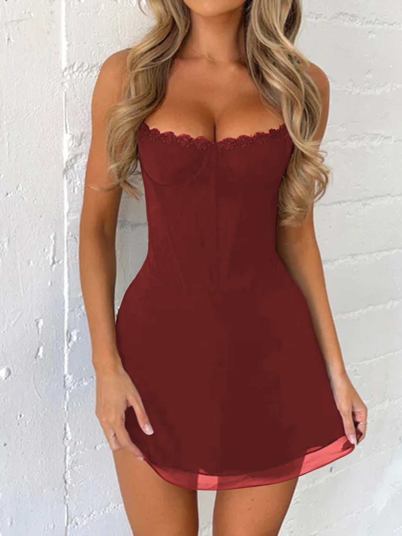 Lace Spaghetti Straps Burgundy Sheath Wedding Guest Dress