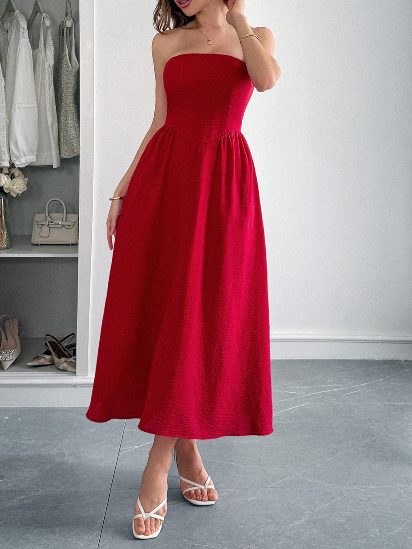 Elegant Solid Color Red A-Line Wedding Guest Dress