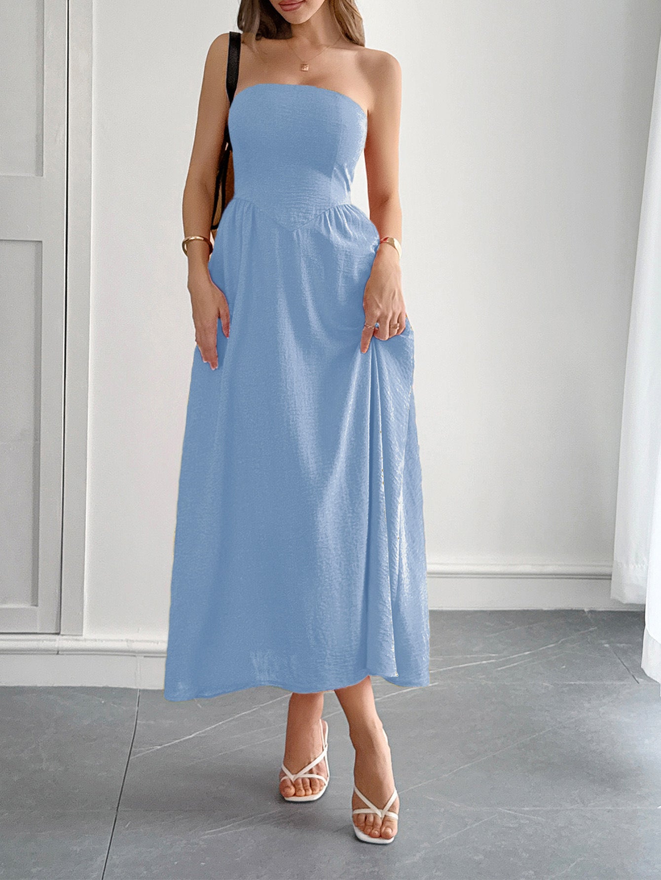Elegant Solid Color Blue A-Line Wedding Guest Dress
