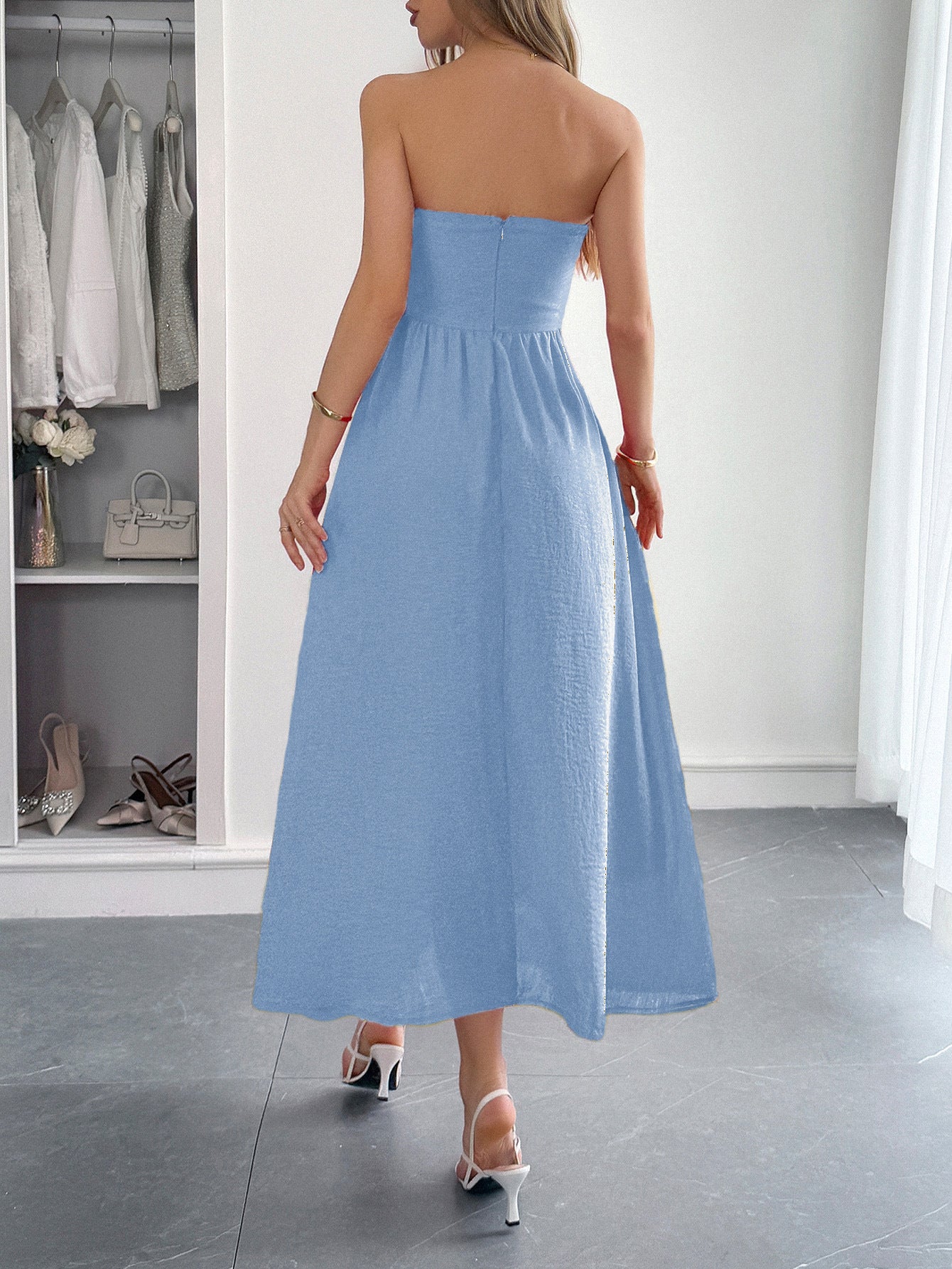 Elegant Solid Color Blue A-Line Wedding Guest Dress