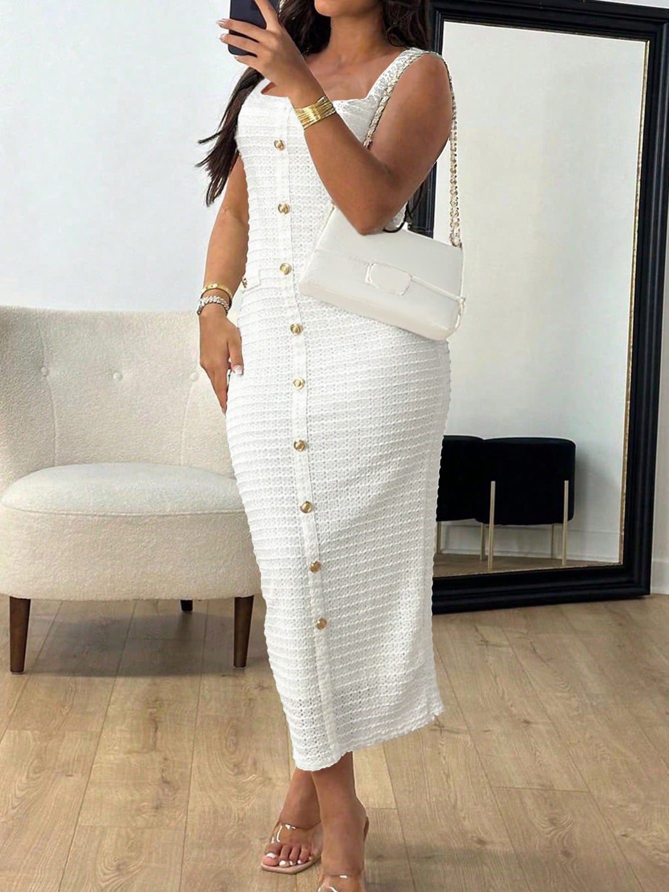 Elegant Knitted Button White Bodycon Dress with Square Neckline Wedding Guest Dress