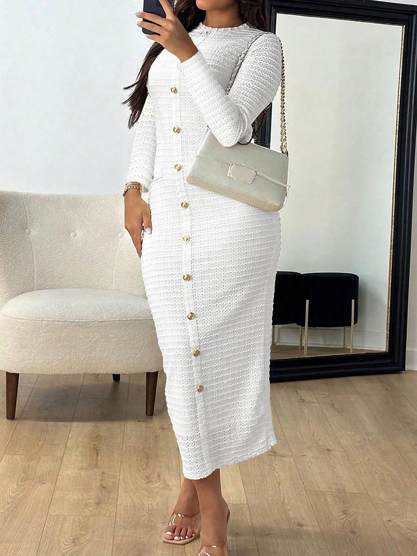 Elegant Jewel Knitted Button White Bodycon Dress Long Sleeves Wedding Guest Dress
